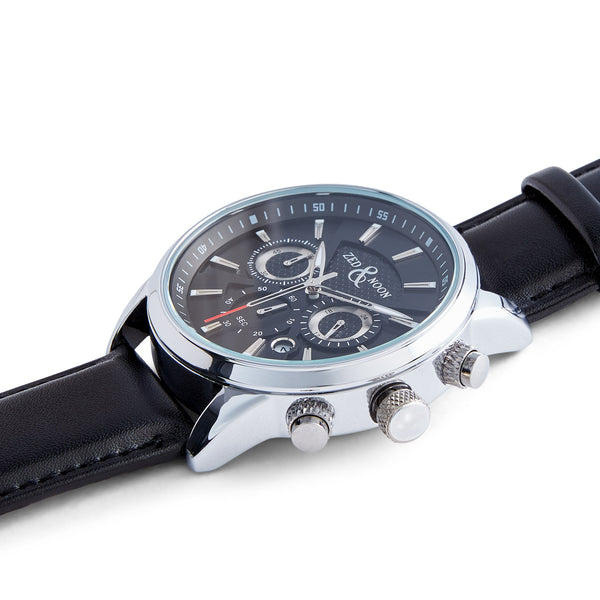 Black Dial Watch with Black Leather Strap