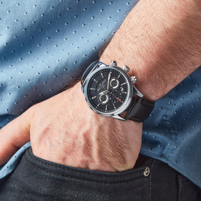 Black Dial Watch with Black Leather Strap